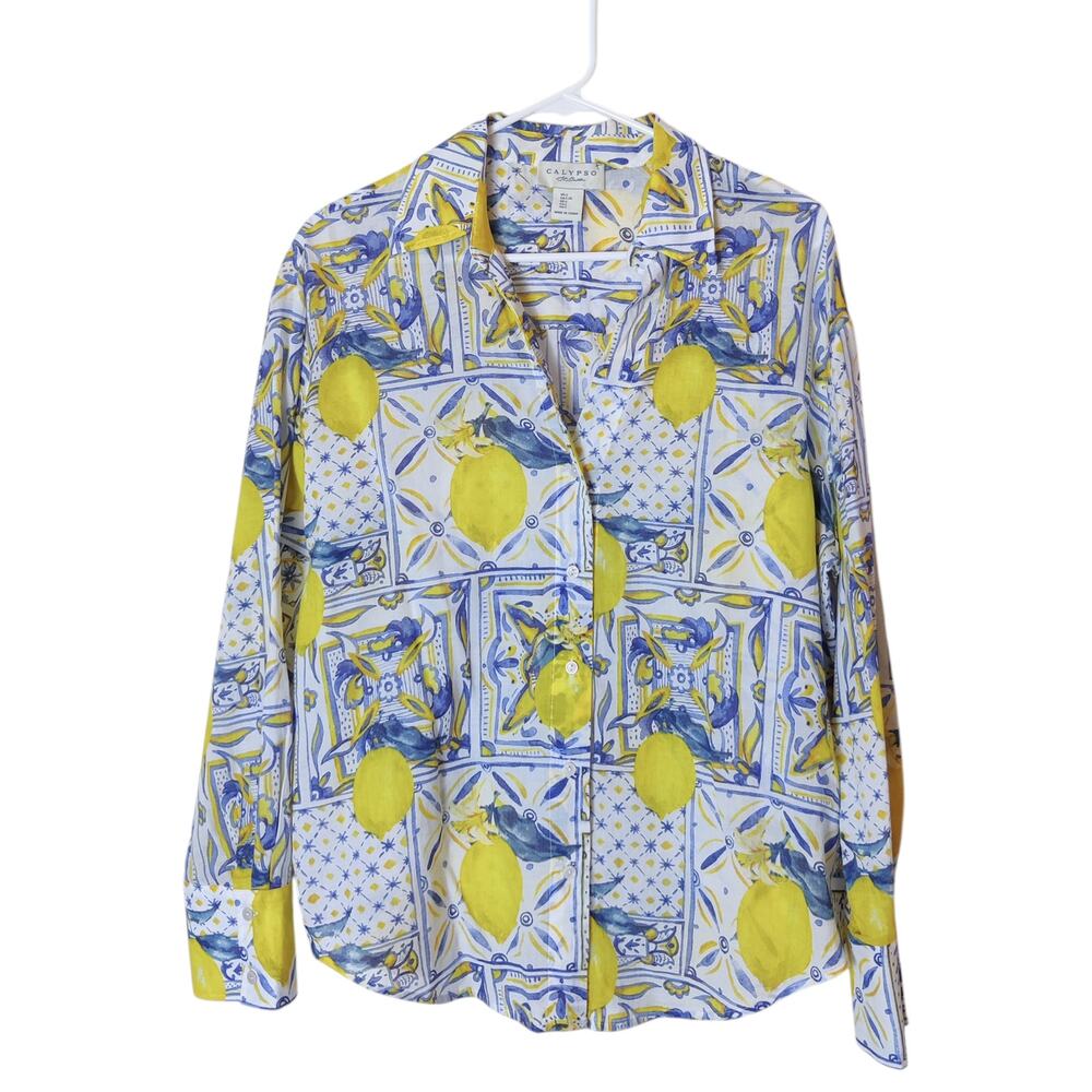 Calypso St. Barth Yellow and Blue Lemon Print Button-Down Shirt